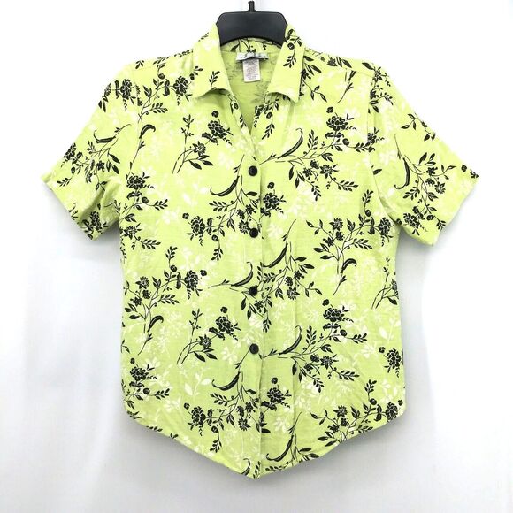 c.b. collections Shirt Womens Size M Green Floral Short Sleeve Lined Button Up - Picture 1 of 7